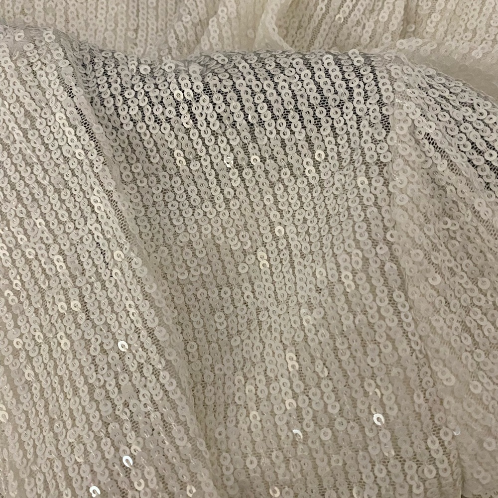 Anne Klein Bright White Sequin Hi-Lo Cardigan, 3/4 Ruched Neck. - Picture 3 of 5